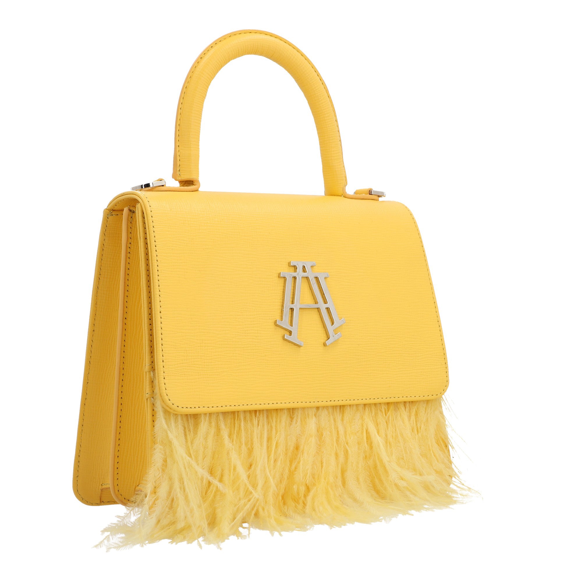 Bolso de piel Arthemisa by Benito Santos, color amarillo, piel grabada, bolso de mano, herraje en metal, accesorio y bolso de lujo, marca 100% mexicana, bolsa moderna, tamaño mediano, con asa de piel, cadena retirable, forro de tela, forma cuadrada, plumas avestruz.