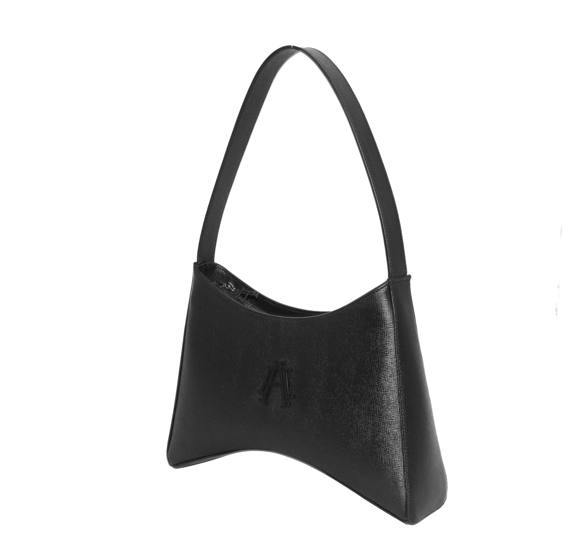 Bolso de piel Arthemisa, color negro, piel grabada, bolso de mano, herraje en metal, accesorio y bolso de lujo, marca 100% mexicana, bolsa moderna, tamaño mediano, con asa de piel.