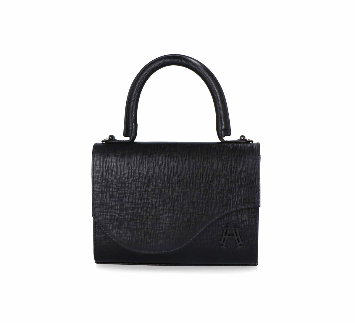 Bolso de piel Arthemisa, color negro, piel grabada, bolso de mano, herraje en metal, accesorio y bolso de lujo, marca 100% mexicana, bolsa moderna, tamaño chico, con asa de piel y cadena retirable.