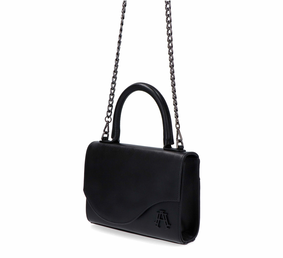 Bolso de piel Arthemisa, color negro, piel grabada, bolso de mano, herraje en metal, accesorio y bolso de lujo, marca 100% mexicana, bolsa moderna, tamaño chico, con asa de piel y cadena retirable.