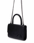 Bolso de piel Arthemisa, color negro, piel grabada, bolso de mano, herraje en metal, accesorio y bolso de lujo, marca 100% mexicana, bolsa moderna, tamaño chico, con asa de piel y cadena retirable.